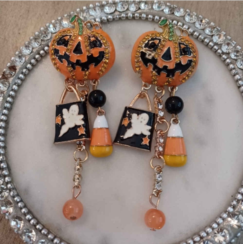 Orange Jack-o-lantern Halloween Candy Rhinestone Dangle Drop Stud Earrings - Picture 9 of 11